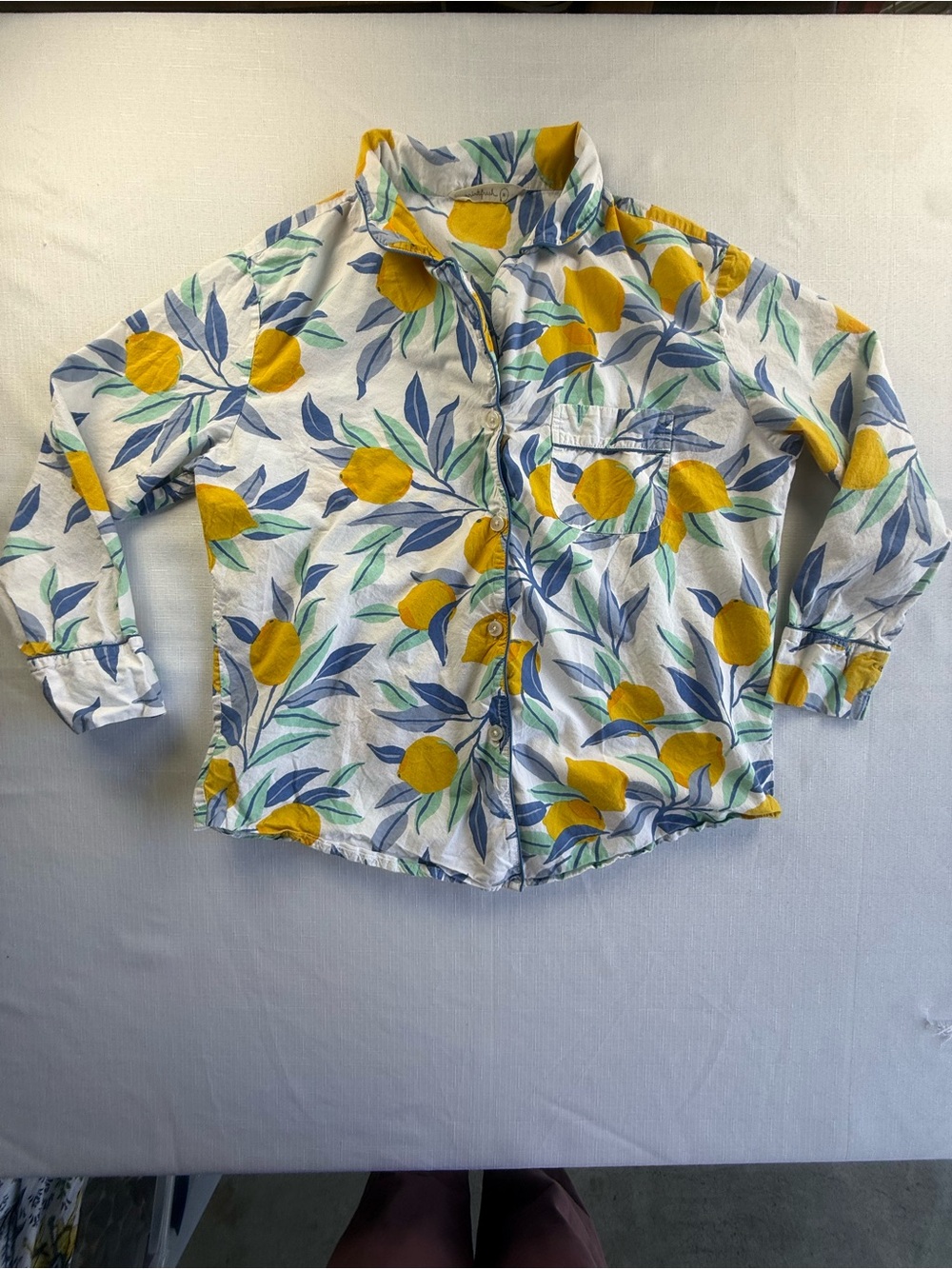 Printfresh Lemon Zest Organic Cotton Pajama Top Button Down Blue Yellow Medium